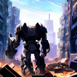 A huge robot, glowing mecha, damaged, broken arms, scars, damaged streets, collapsed buildings, abandoned soil style, rich details, future city streets, movie lighting, dramatic scenes, Pacific Rim