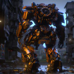 A huge robot, glowing mecha, damaged, broken arms, scars, damaged streets, collapsed buildings, abandoned soil style, rich details, future city streets, movie lighting, dramatic scenes, Pacific Rim