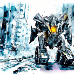 A huge robot, glowing mecha, damaged, broken arms, scars, damaged streets, collapsed buildings, abandoned soil style, rich details, future city streets, movie lighting, dramatic scenes, Pacific Rim