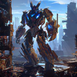 A huge robot, glowing mecha, damaged, broken arms, scars, damaged streets, collapsed buildings, abandoned soil style, rich details, future city streets, movie lighting, dramatic scenes, high-quality paintings, intricate, ultra detailed, rule of three, professional lighting, fantasy, Pacific Rim, concept art, sharp focus