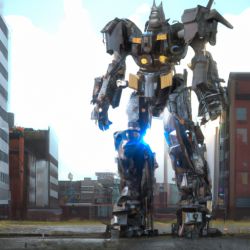 A huge robot, glowing mecha, damaged, broken arms, scars, damaged streets, collapsed buildings, abandoned soil style, rich details, future city streets, movie lighting, dramatic scenes, Pacific Rim