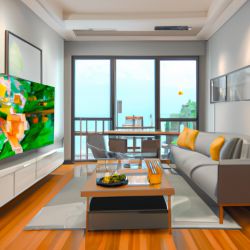 The living room, a large sofa, a 100 inch TV, a large balcony, french window, has a good view. The living room is 60 square meters, with a dining table. There are green plants, flowers, and a mahjong table next to it in the living room