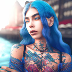 Masterpiece, blue haired girl, wearing iks, tattoos, transparent lace, beautiful eyes, natural light, ultra realistic, cinematic lighting texture, stunning, perfect, high-definition