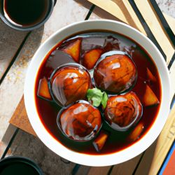 Stewed Pork Ball in Brown Sauce in brown sauce, real, photography, Chinese cuisine -- v5