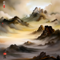  A majestic scene of a Chinese landscape with auspicious clouds floating in the sky. The painting showcases the essence of traditional Chinese art, featuring elements of ink wash painting and calligraphy. The artist, named Zhang, skillfully depicts the beauty of nature and captures the harmonious balance between man and the environment. The clouds, painted with delicate brushstrokes, symbolize good fortune and prosperity. The overall composition exudes a sense of tranquility and elegance, inviting viewers to immerse themselves in the serene atmosphere of traditional Chinese culture.