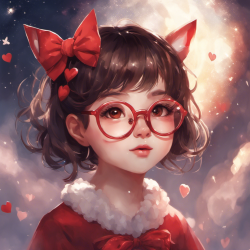 baby face, 1girl, solo,  brown hair, black hair, animal ears, brown eyes, upper body, hair bow, heart, glasses,  blurry, blurry background, red-framed eyewear, round eyewear,heart print,  <lora:baby_face_v2:0.7>