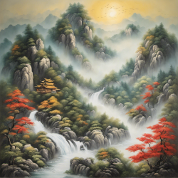 聚财，风水画，山，水，太阳