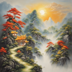 聚财，风水画，山，水，太阳